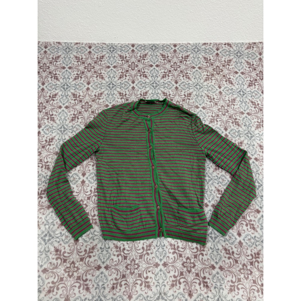 Bill Blass Italy Striped Cardigan Sweater Green Magenta Button Front Knit Top